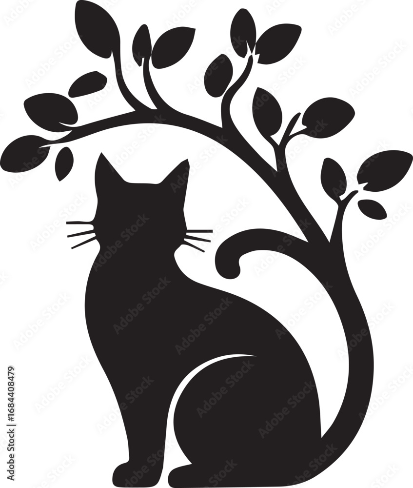 Poster silhouette of a cat sitting with its tail curved upward, integrated into the design of a tree with b