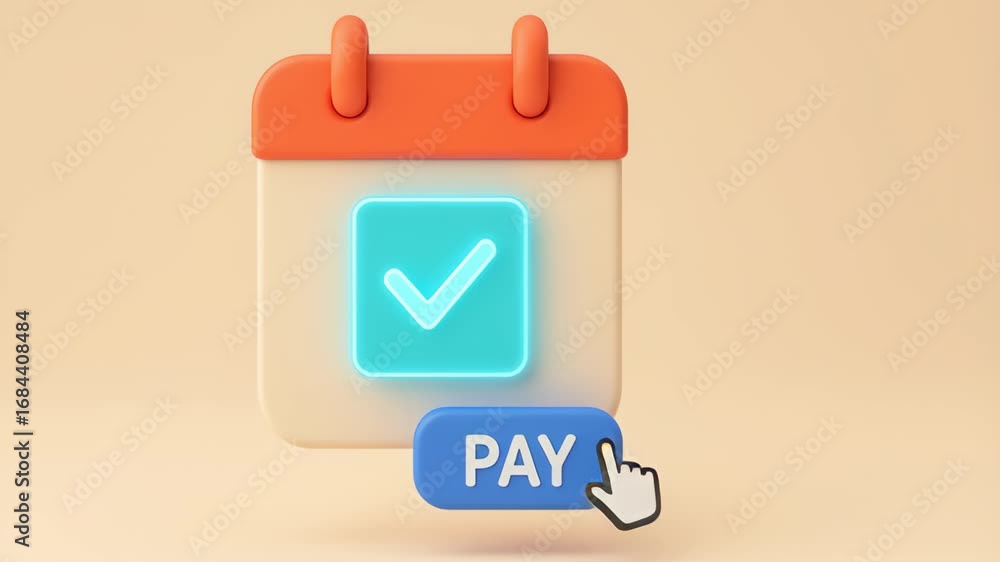Poster app payment integration. digital calendar icon with check mark for task completion and payment remin