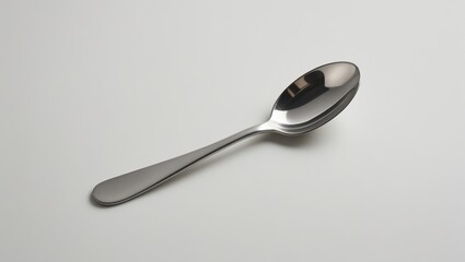 A sleek, polished stainless steel spoon lies on a plain white surface, showcasing its smooth, elegant form.
