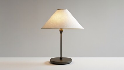 A simple, modern table lamp with a cone-shaped shade sits on a plain white surface against a neutral backdrop.