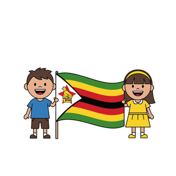 Celebrating Zimbabwe: Cartoon Children Proudly Displaying the National Flag with Joyful Expressions