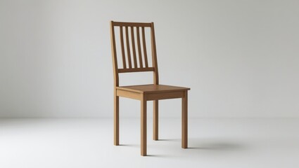 A simple, light brown wooden chair is presented against a clean, white background.