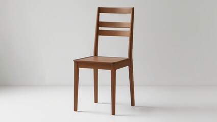 A simple, light brown wooden chair against a plain white background, showcasing clean lines and a minimalist design.