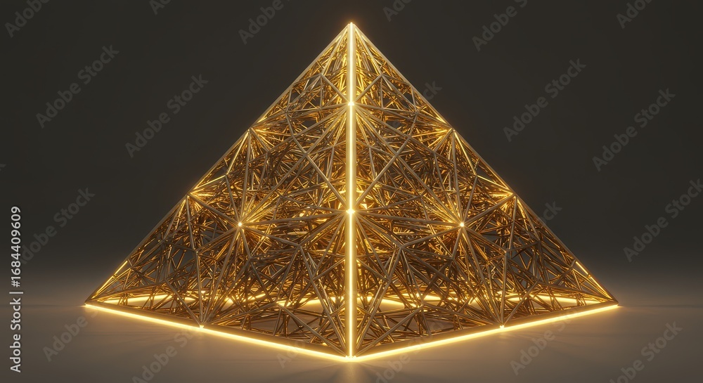 Poster a geometric pyramid structure, intricately designed with golden lines and illuminated from within, c