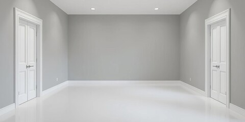 Empty room, soft gray walls, white doors, minimalist interior, white, house
