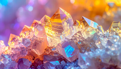 A vibrant cluster of glowing crystals in a rainbow of colors, creating a magical and mesmerizing geological formation