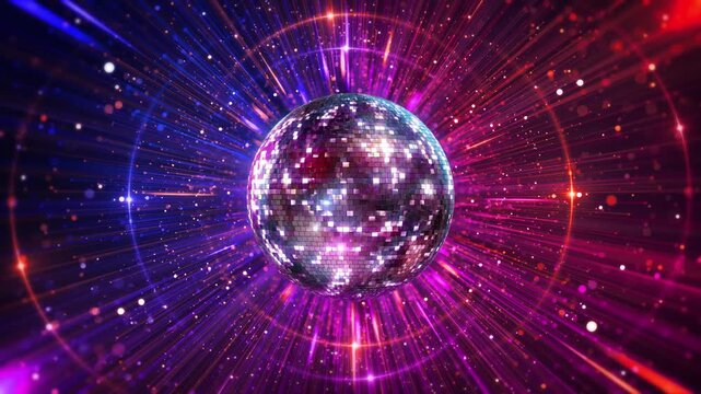 Classic round disco ball irregular mirrored panels soft light reflections, 3D 4K background for party disco event visuals and festive decoration rays and bokeh. Music and dance night party background.