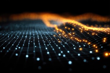 Abstract digital landscape with glowing points and undulating grid