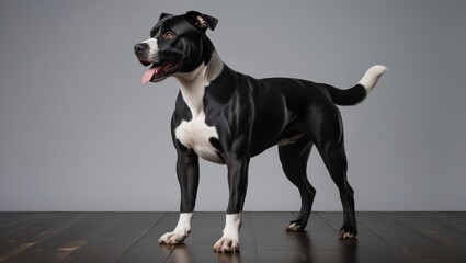 A black and white dog, standing alert, with a thoughtful expression, showcasing its muscular build against a neutral backdrop.