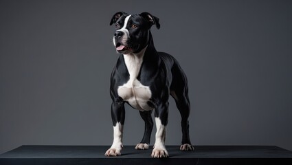 A powerful black and white dog stands confidently against a neutral backdrop, showcasing its muscular physique.