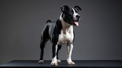 A striking black and white dog stands poised against a neutral backdrop, showcasing its powerful physique and alert expression.