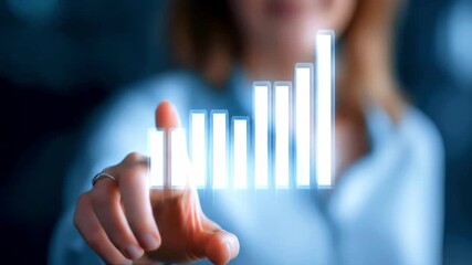 Businesswoman interacting with digital graph in a modern office, showcasing growth and innovation - Powered by Adobe