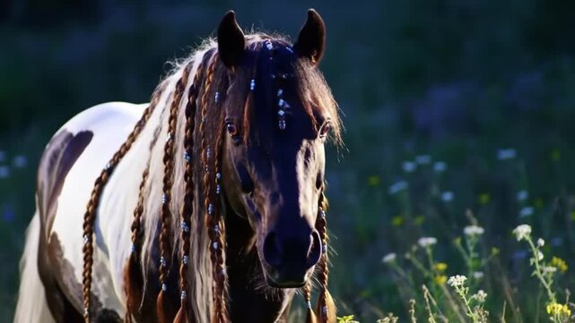 majestic pinto horse with braided mane in meadow