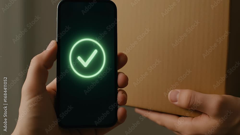 Poster app payment integration. hand holds smartphone with glowing checkmark, symbolizing approval next to 