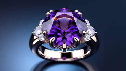 A lavish, detailed amethyst and diamond ring, showcasing rich purple hues against a deep blue backdrop.