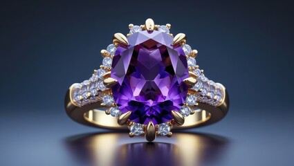 A luxurious gold ring, adorned with a sizable amethyst gemstone, is highlighted against a deep navy backdrop.
