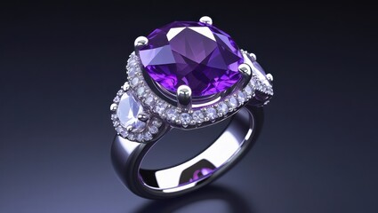 A detailed close-up showcases a luxurious ring, featuring a captivating, faceted amethyst gemstone, framed by sparkling diamonds, set in polished white metal.