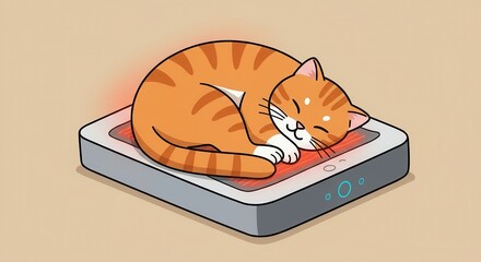 A tabby cat rests contentedly on a heated pad, enjoying a warm and comfortable nap.