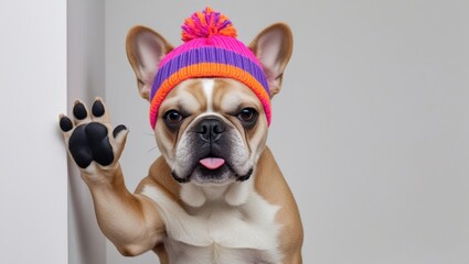 Playful french bulldog in a vibrant winter hat waves a paw in a  setting.