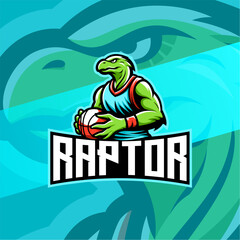 Raptor basketball mascot logo with green reptile character holding ball. Esport logo featuring a green reptile humanoid holding basketball with modern bold typography.