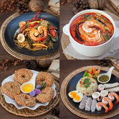 Delicious Thai Dishes Set, A set of popular Thai dishes including spicy stir-fry, tom yum soup, fried snacks, and seafood rice platter served in modern style.