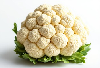 A close-up view of a fresh, pale yellow cauliflower head, showcasing its textured surface and delicate green leaves.
