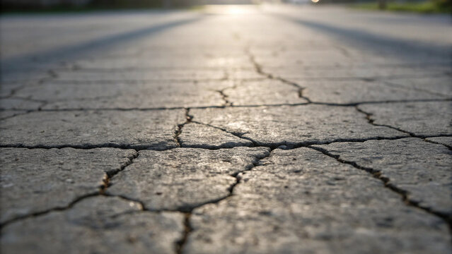 Cracked asphalt road surface with long shadows at sunset texture