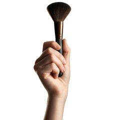 Hand holding makeup brush isolated on a transparent background powder