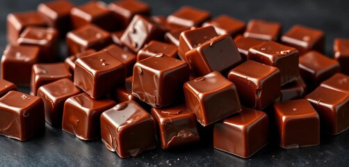 Obraz premium Glossy chocolate cubes arranged on a dark table, bittersweet, sweetness