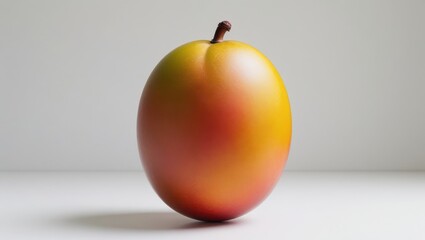 A vibrant, smooth fruit,  oval in shape, showcases a gradient of warm colors from yellow to orange-red, set against a simple white backdrop.