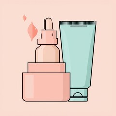 A pastel-colored cosmetic bottle and tube display a delicate design, perfect for skincare products.