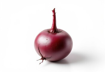 A vibrant, deep red beet root, displayed against a bright white background, showcasing its round shape and intricate texture.