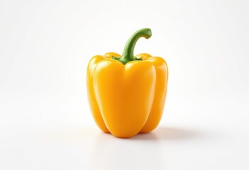 A vibrant yellow bell pepper stands out against a plain white background, showcasing its smooth texture and bright color.