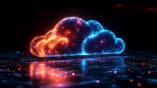 Glowing Abstract Cloud Symbol Digital Art Red Blue Particles Dark Background