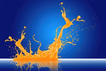 Orange liquid splash against blue backdrop, reflecting on surface