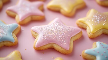A delicious arrangement of cookies with pastel icing and sprinkled with edible glitter for extra sparkle