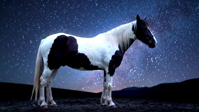 majestic paint horse under vibrant starry night sky