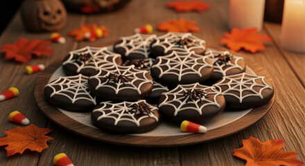 A halloween treat of chocolate cookies decorated with spiderwebs on a wooden plate with candy corn around it