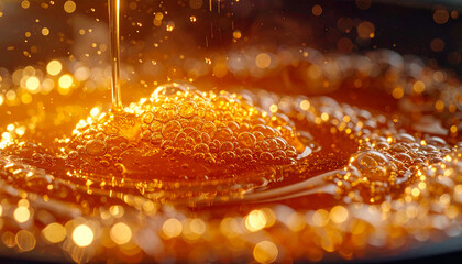 A mesmerizing close-up of warm, golden syrup being poured, creating a beautiful display of bubbling liquid gold