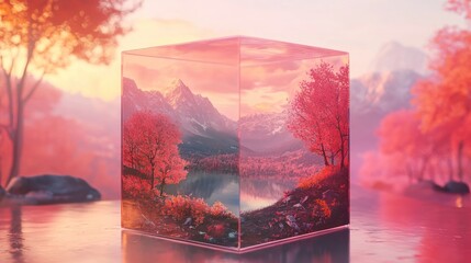 Glass Cube Encapsulating a Mountain Lake Sunset