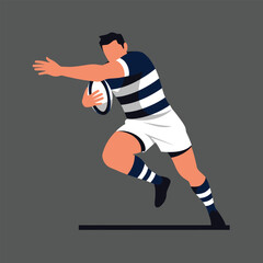 Obraz premium Rugby player in motion, dynamic pose, running with ball, striped jersey, athletic action.