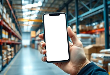 Hand holding smartphone with blank screen in warehouse setting, technology, space