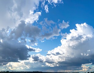 Obraz premium A vast expanse of a dramatic sky filled with a mix of fluffy white clouds and dark, brooding storm clouds, showcasing a striking contrast of light and shadow.