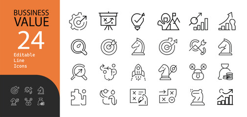 Collection of Business and Value Editable Line Icons Representing Strategy, Growth, Vision, and Financial Concepts for Business and Marketing