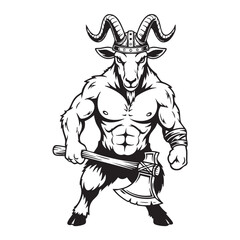 Vector art of a muscular goat viking warrior wielding an axe, wearing a horned helmet,showcasing strength and power in a cartoon style