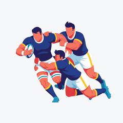 Illustration depicts rugby players engaged in a dynamic game of rugby, tackling and running.