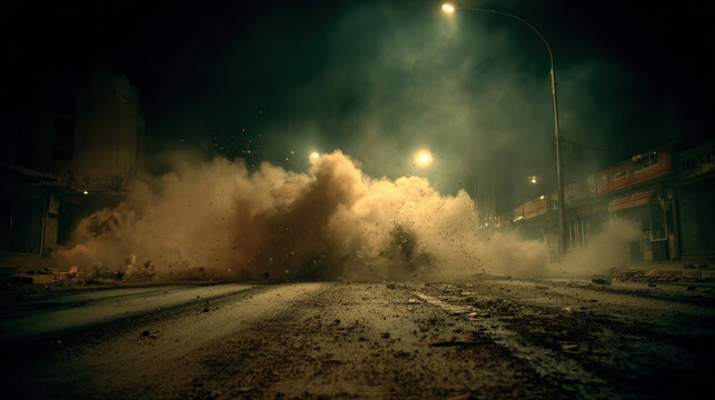 Evening urban street with thick smoke, flying debris, and motion blur emphasizing frantic movement and tension