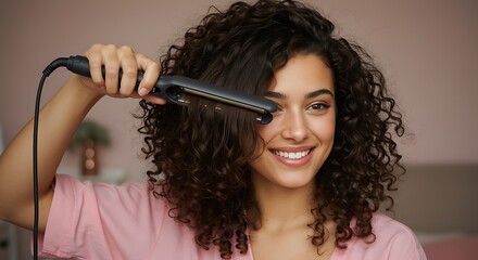 Obraz premium Attractive Woman with Curly Hair and Long Straight Hair Using Hair Straightener. Cute Smiling Girl Straightening Healthy Brunette Hair with Flat Iron.