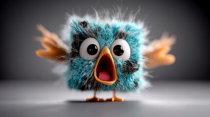 Fototapeta premium A fluffy, cube-shaped bird with large eyes, open beak, and tiny wings, appearing surprised or scared