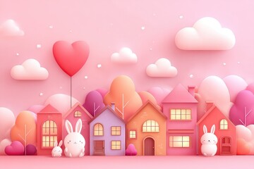 Cartoon houses, rabbits, and heart balloon on pink background